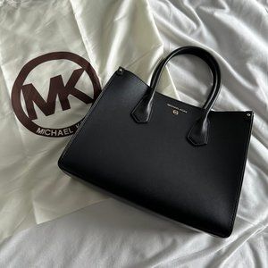 Michael Kors Medium Black Leather Satchel Handbag With Shoulder Strap